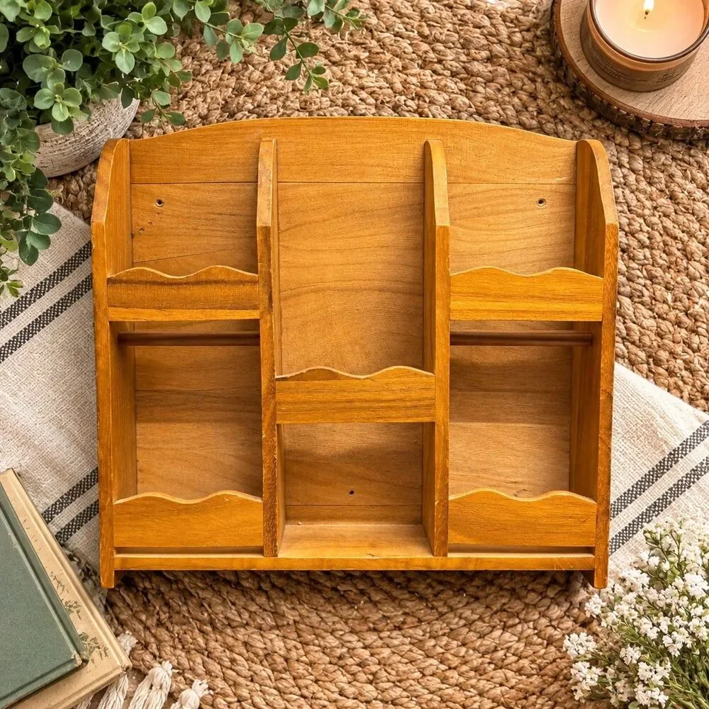 Wood Shelf Wall Spice Rack Tiered Shelves Brown Scalloped Farmhouse Vtg trinket